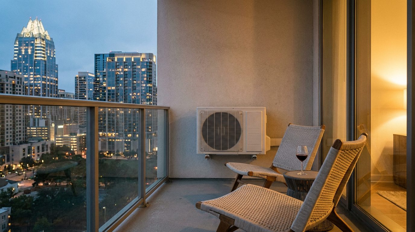 A slim mini split condenser mounted on a high rise balcony with the Austin skyline at dusk