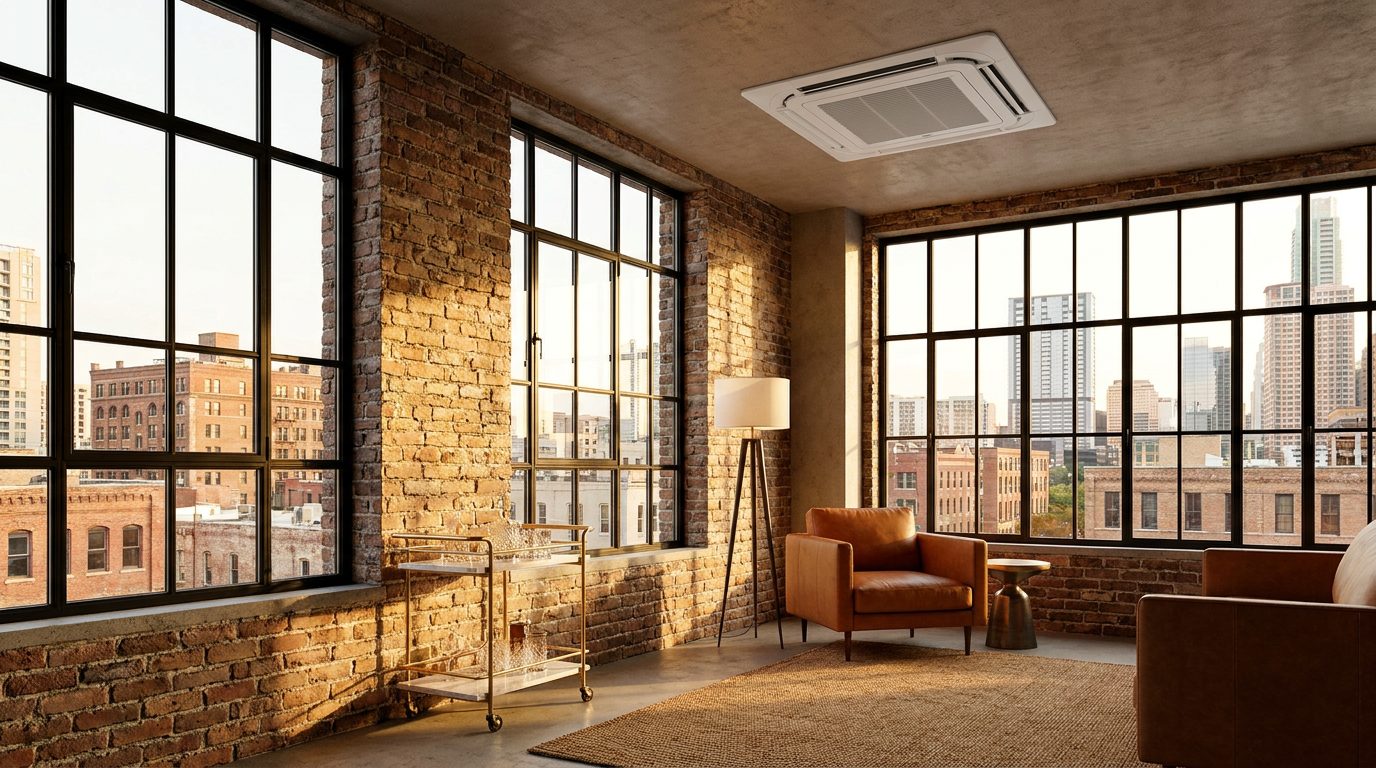 A recessed ceiling cassette air conditioner in a brick loft with tall steel windows