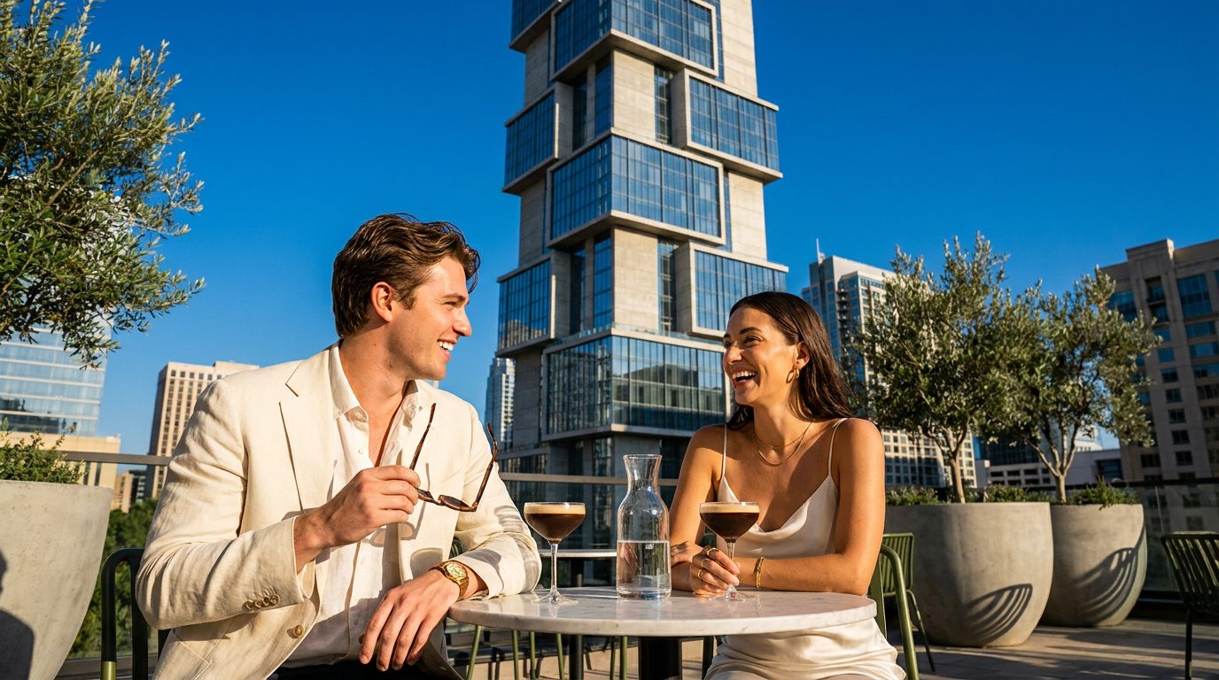 A couple on a date at a sunny downtown Austin cocktail patio, the Independent tower rising behind them
