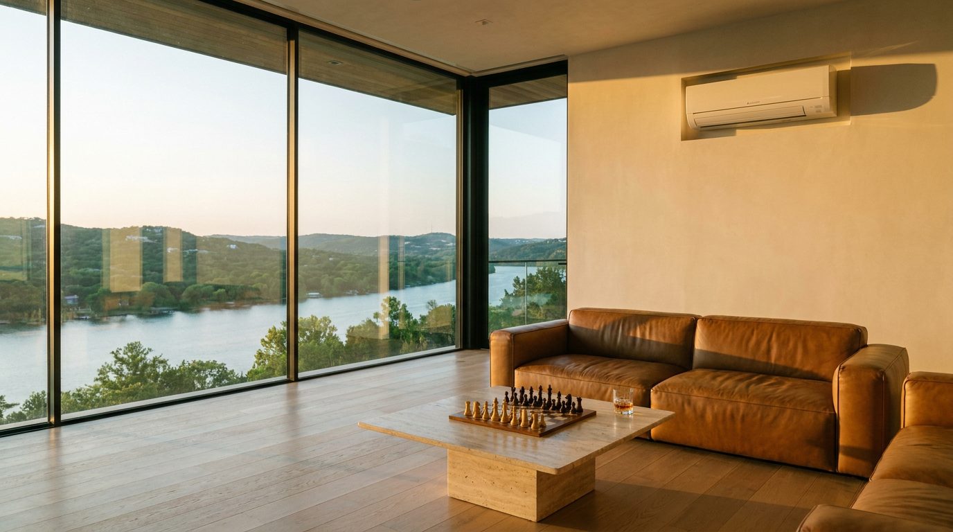 A modern West Austin living room at golden hour with glass walls over Lake Austin and a wall mounted mini split